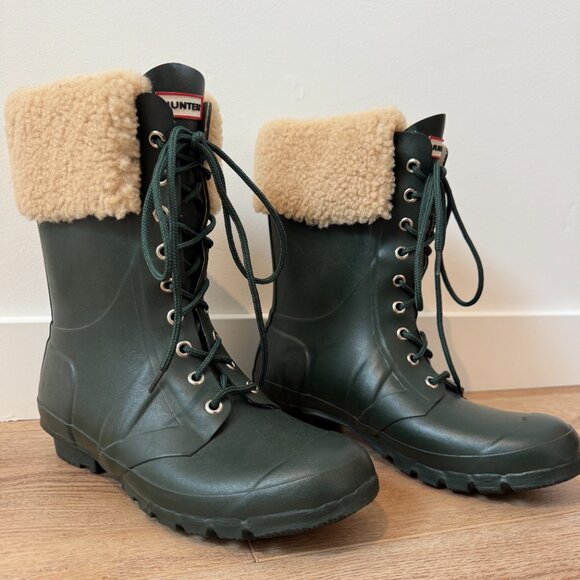 Hunter Adley Lace-Up Boots – Green Waterproof Rubber with Shearling Trim, Size 9 - Picture 3 of 9
